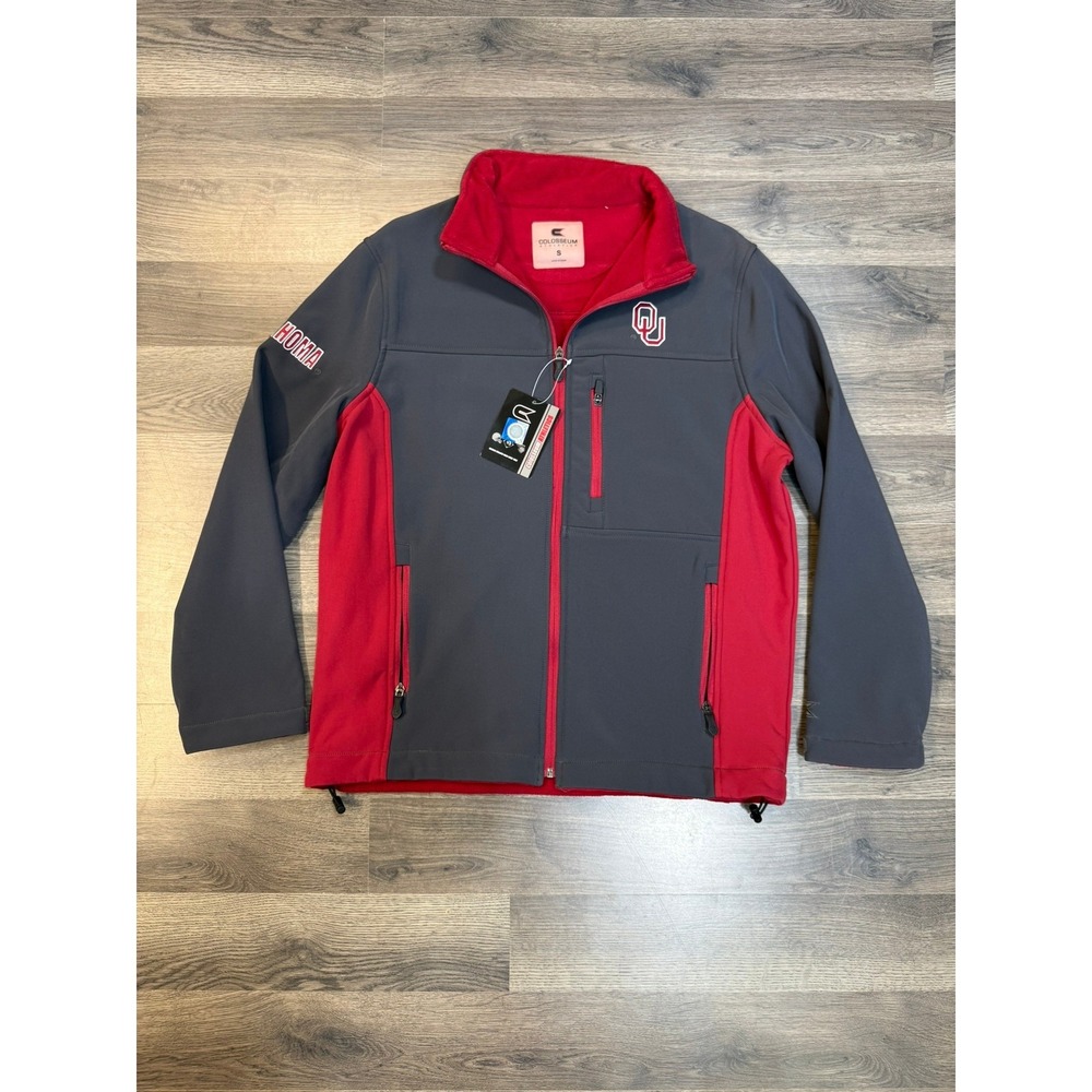 Colosseum Oklahoma Sooners Softshell Jacket Gray Red Full Zip Fleece Lined Small